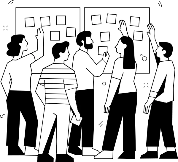 5th floor team collaborating on a digital project, brainstorming with sticky notes