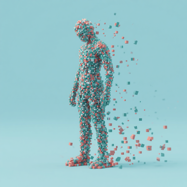 Une œuvre d'art numérique 3D de haute qualité représentant une silhouette humaine entièrement composée de milliers de petits pixels cubiques flottants. Les couleurs sont un mélange de turquoise, de corail et de blanc. La figure se désintègre en petits blocs d'un côté, créant un sentiment de mouvement. Fond bleu clair minimaliste, rendu 3D épuré, style isométrique, éclairage cinématographique.
